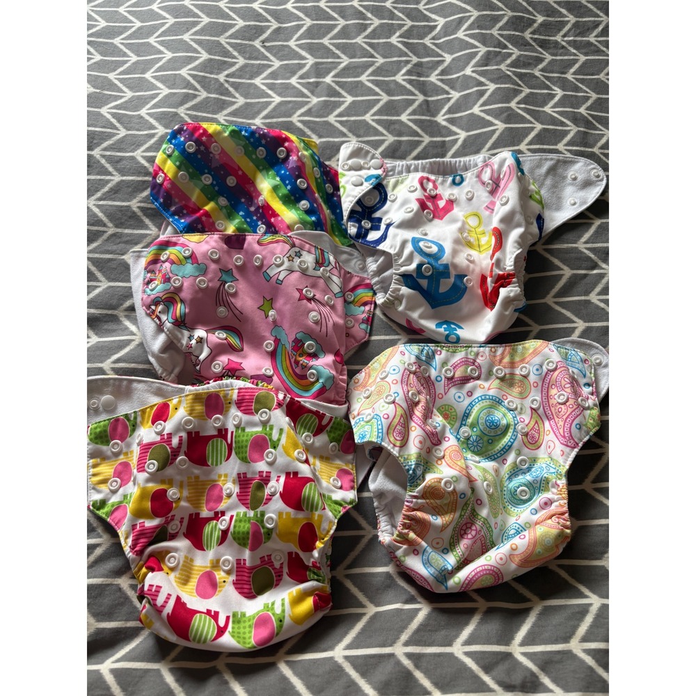AlvaBaby Reusable Pocket Cloth Diapers Set of 5 with Inserts Multi Pattern Snaps